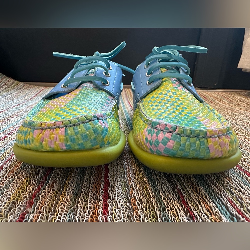 Fluevog LIKE NEW Peacemaker Sailor Swift multi-weave blue loafer boat shoe -9 - Picture 7 of 16